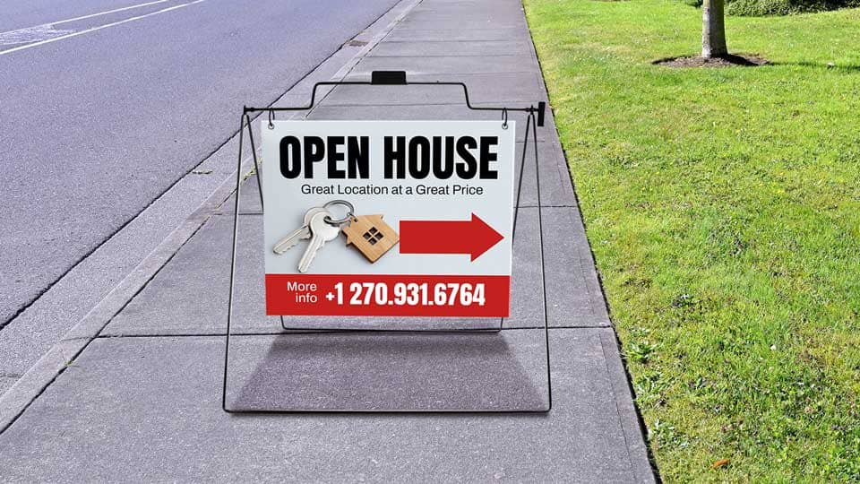 A-frame open house sign with a directional arrow