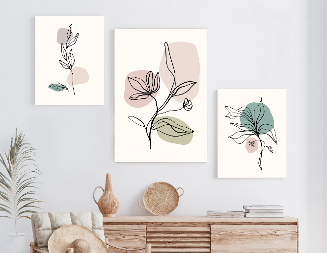 Plain wall art ideas with abstract botanical illustrations in pastel colors