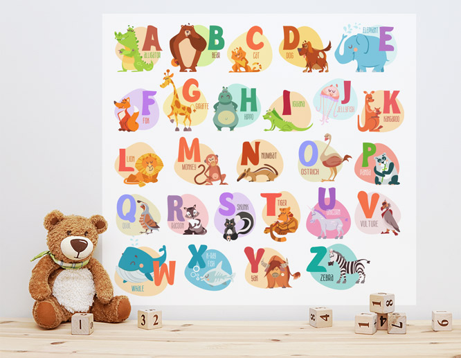 Square shaped alphabetic nursery wall decal with cute animal graphics