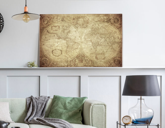 Vintage style large customized wall art with imagery of rare antique maps