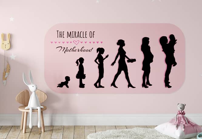 Motherhood lifecycle adhesive Mother's Day Sign with the words The Miracle of Motherhood