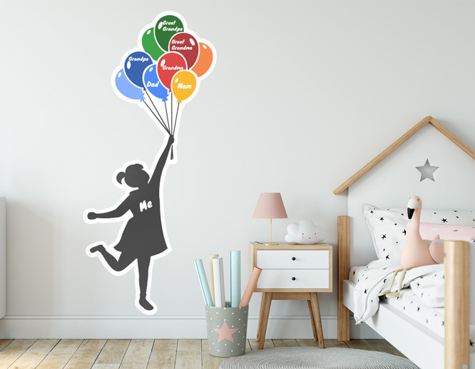 Family tree decal in the shape of a girl holding colorful balloons portraying names on them