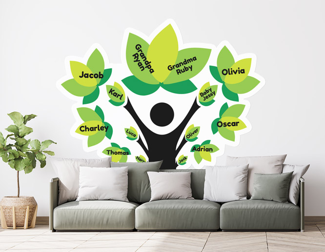 Plain family tree wall decal in black portraying names on the leaves attached to the wall