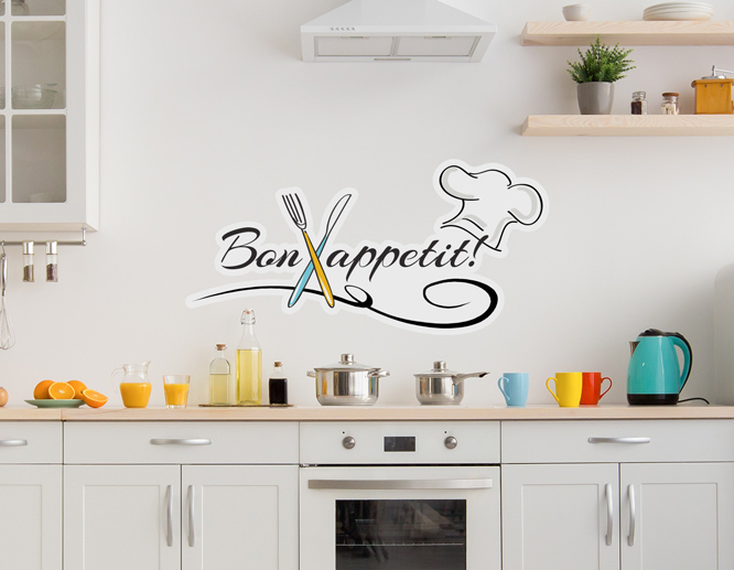 "Bon appetit" home wall decal with knife and fork graphics for the kitchen wall