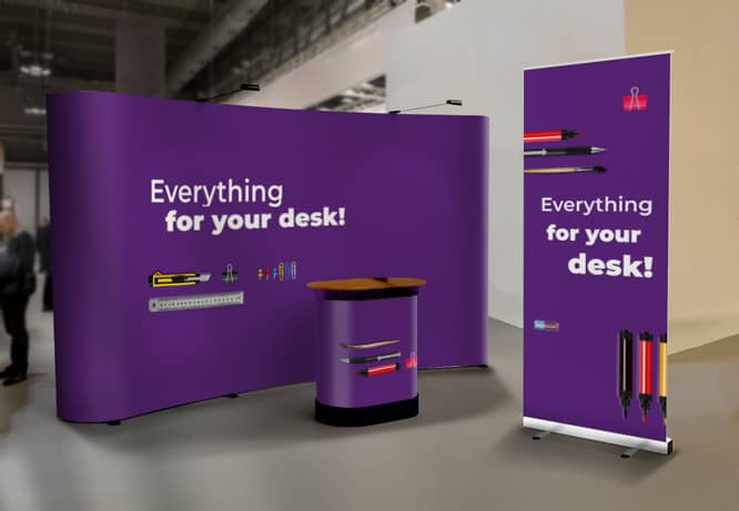 A set of different graphics for expo booth design in purple showcasing stationery products