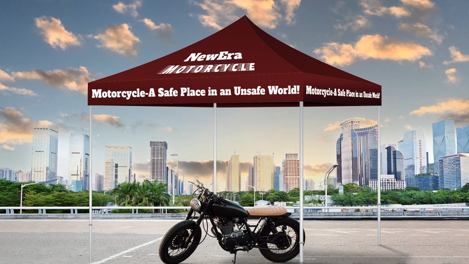 Branded frame canopy tent for a NewEra motorcycle company