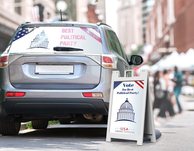 Branded political advertising displays applied to a car and a board