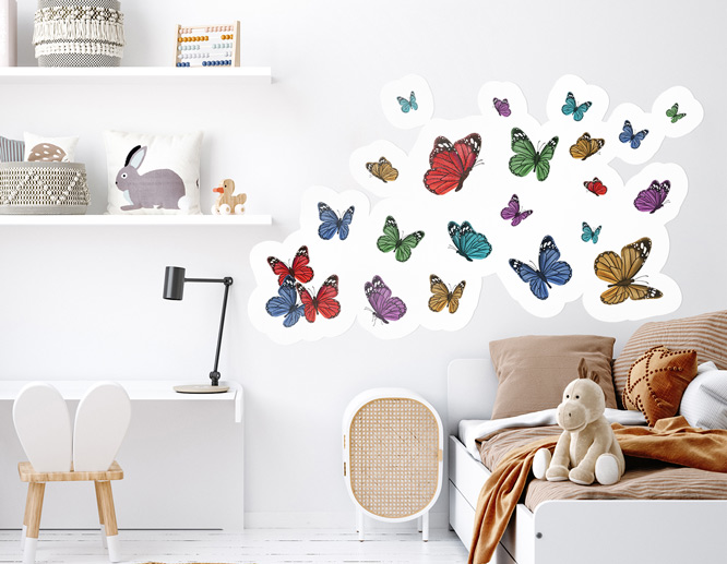 Outline cut nursery wall decal displaying colorful flying butterflies