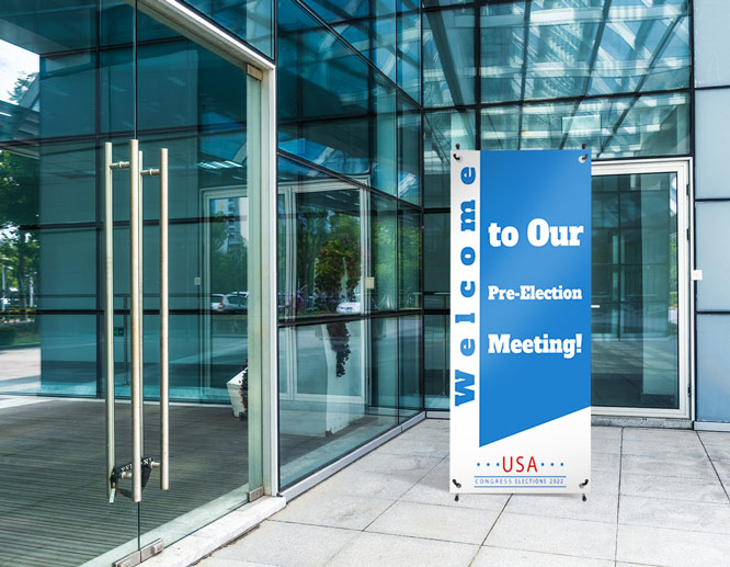 Self-standing campaign promotional display in blue and white for meetings