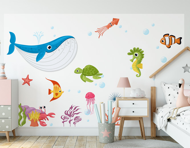 Large scale nursery wall decals displaying colorful marine creatures