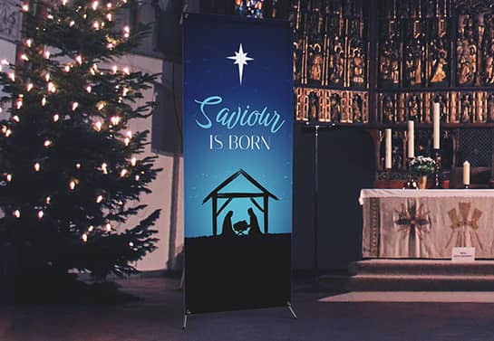 Indoor Christmas banner for church displaying the words Saviour is Born