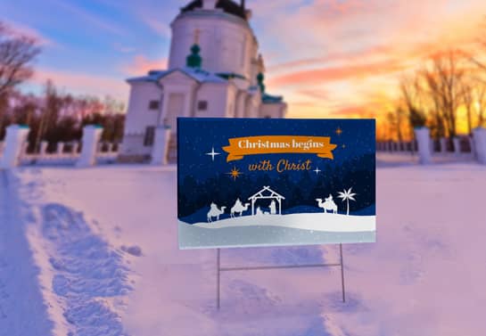Medium-sized Christmas church sign in snowy surroundings