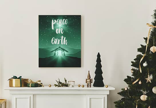 Christmas peace sign mounted on a wall printed on canvas with the words Peace on Earth
