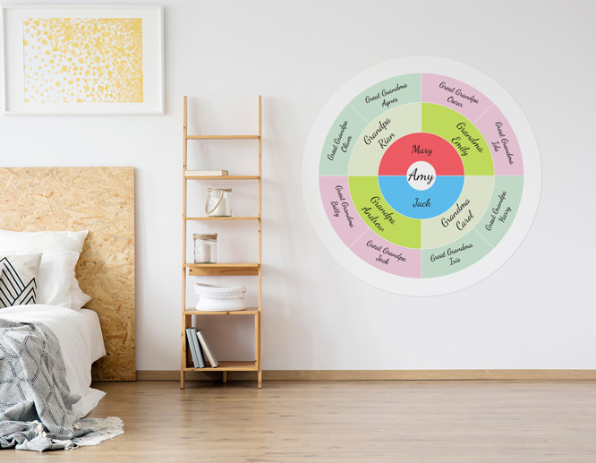 Family tree graphics in the shape of concentric circles decorating the bedroom wall