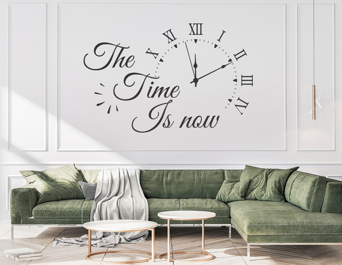 Clock-shaped living room vinyl wall art decal above a corner sofa