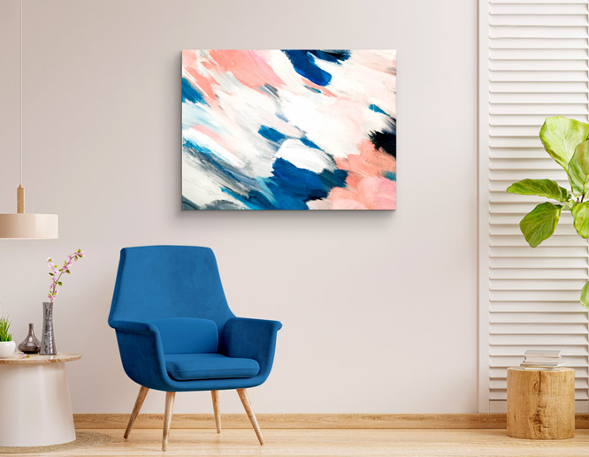 abstract modern wall art for living room with blended blue, pink and white patterns