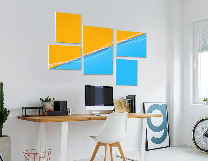 Colorful wall art design with vivid blue and yellow illustrations