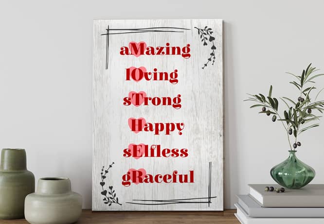 Cute Mother's Day sign with crossword print displaying the word mother