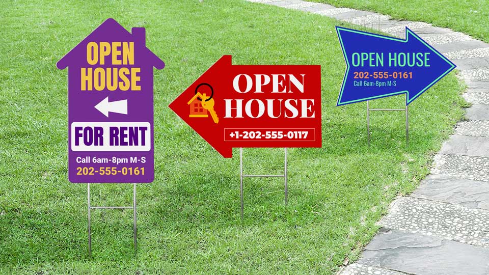 Custom-shaped open house signs with texts and graphics