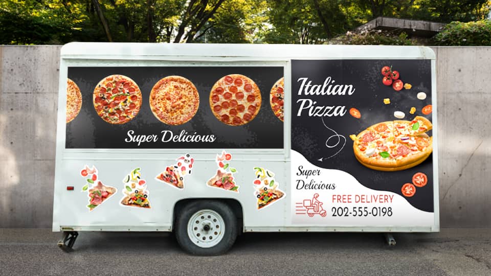 promotional trailer graphics displaying pizza images and delivery phone number