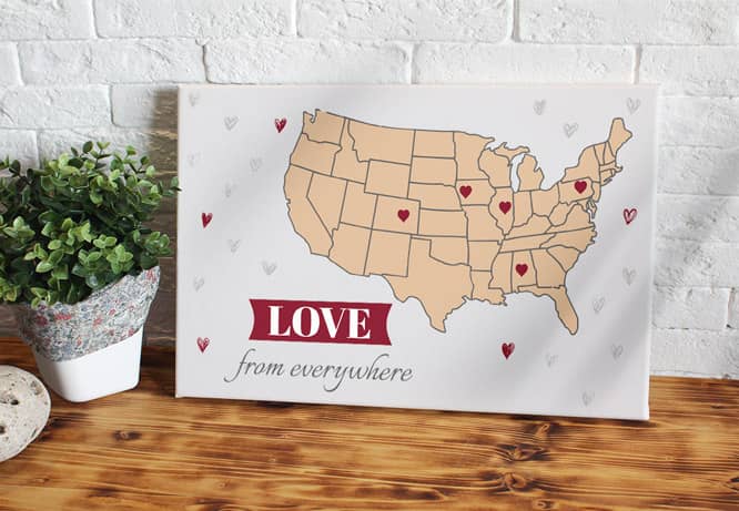Cute Mother's Day sign with the USA map and small red hearts printed on canvas