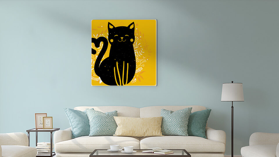 PVC sign of a cat with a yellow background placed in a living room