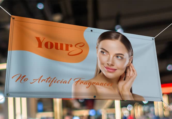 Decorative expo graphics of a brand portraying a woman’s face and a motto