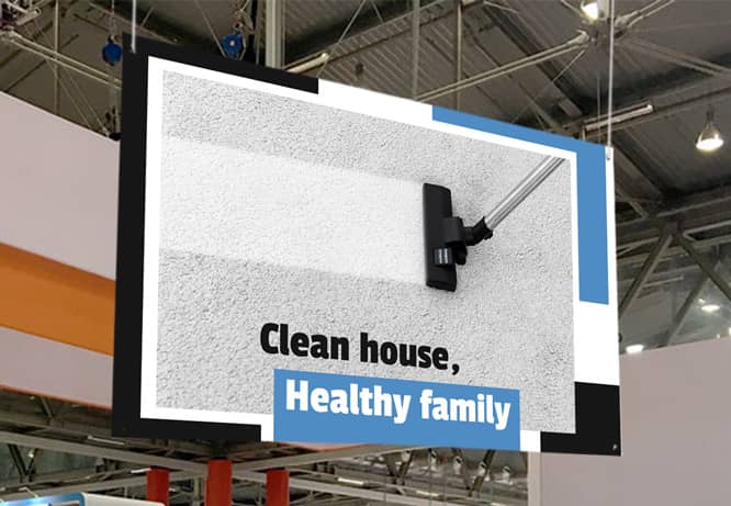 Descriptive trade show banner design portraying a clean carpet after vacuuming