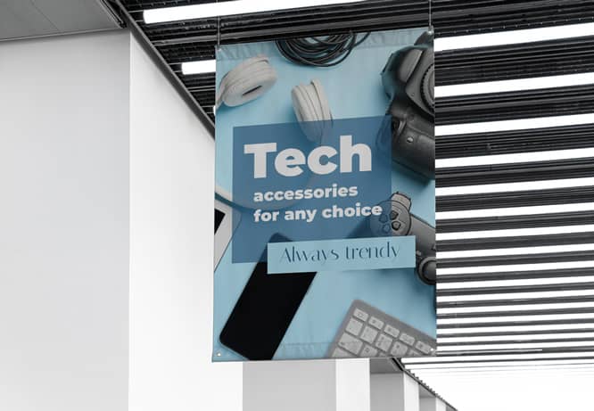 Trade show promotional product portraying tech accessories hanging up high