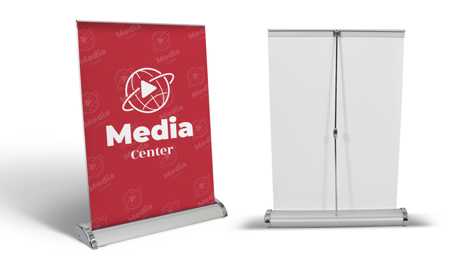 tabletop retractable banner installation features from front and back