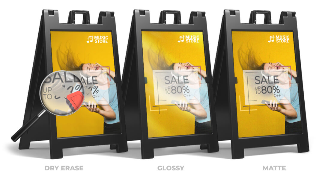 Dry erase, glossy and matte finishes of sandwich board signs