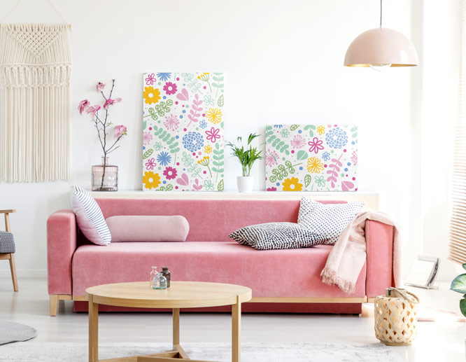 colorful trendy wall art with floral graphics in different huesv