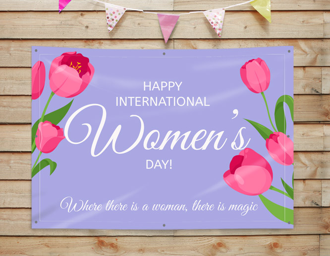 Flowery Women’s Day banner in purple showcasing a quote about women