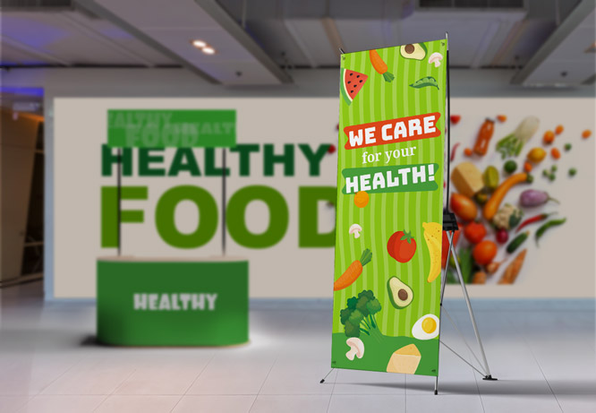 Exhibition promotional item in green decorated with food images and white lettering