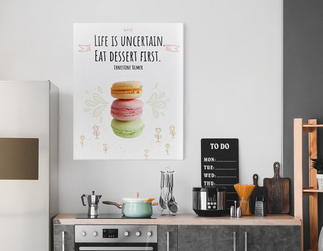 Food themed positive wall art with macaron illustrations and the quote of Ernestine Ulmer