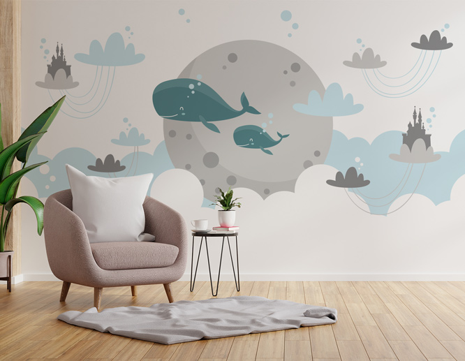 Full cover home wall decal with dolphins, clouds and temples