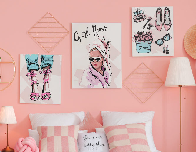 Pink wall art design with illustrations of glamorous girly accessories