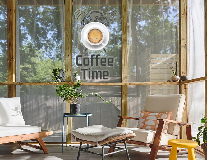 Sticky outdoor porch decor idea with coffee graphics for the front window