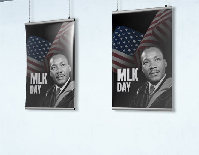Black hanging MLK posters with the portrait of Martin Luther King