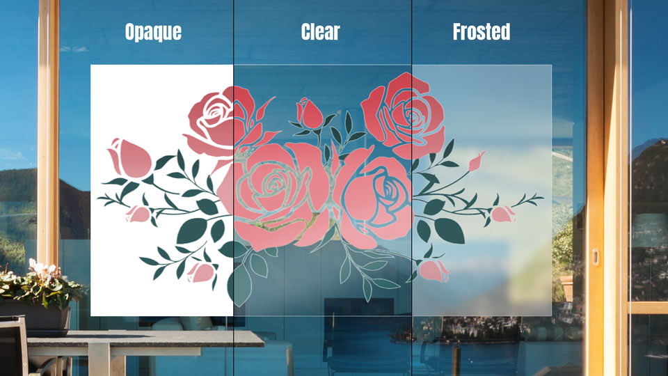 Decorative home window decals with floral imagery on different material finishes