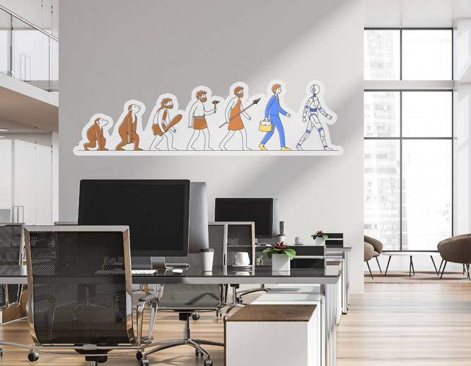 Funny meaningful wall art showing the seven stages of human evolution