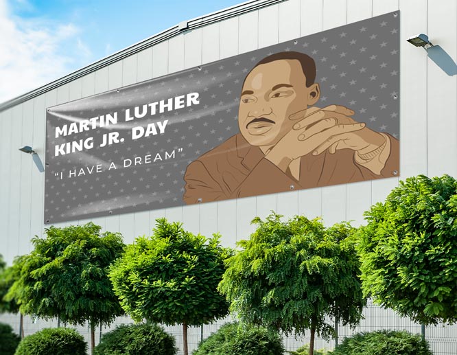 Large illustrated Martin Luther King banner attached to a wall
