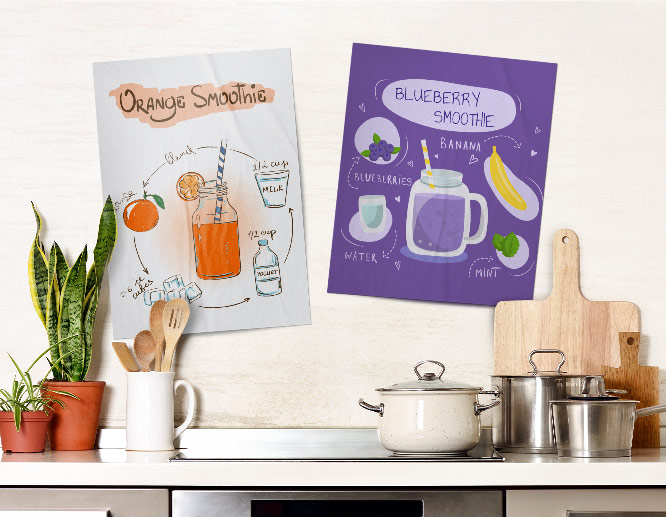 Colorful wall art ideas of smoothie recipe illustrations on kitchen walls