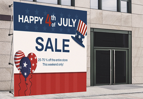 Independence Day discount sign displaying the congratulatory note Happy 4th of July