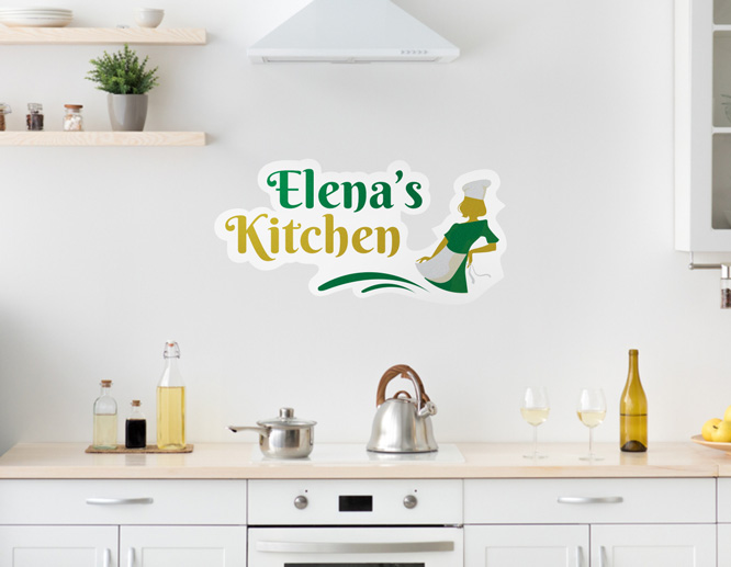 Elena's Kitchen wall decal portraying a chef silhouette” style=