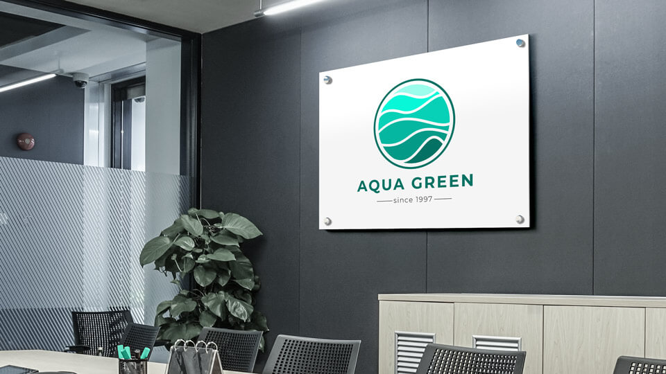 Indoor aluminum sign with a green business logo