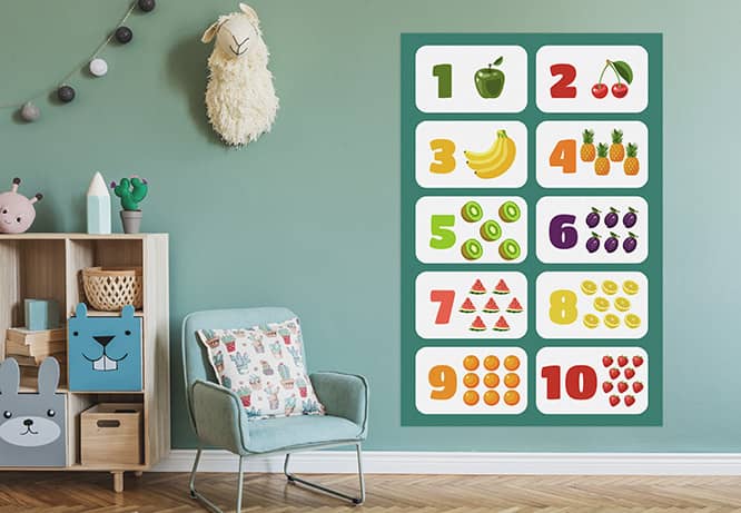 Kids room wall idea with numbers and fruits to teach counting