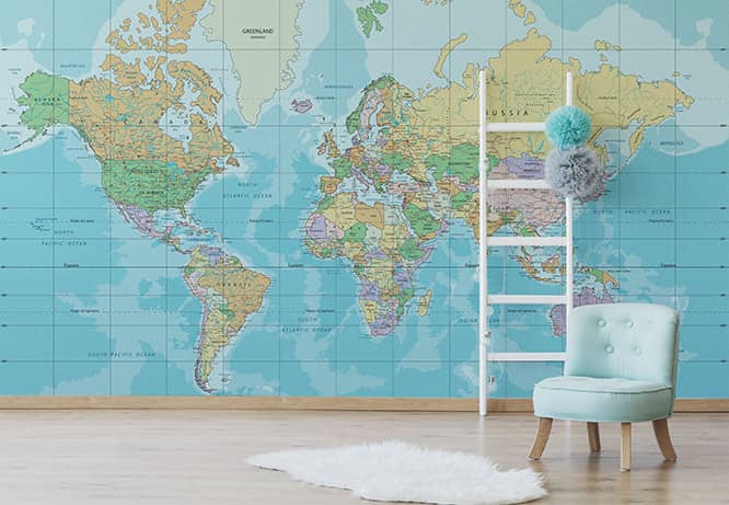 Children's room wall design idea with a map covering the whole wall surface