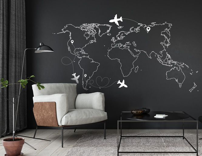 Living room wall decal in black with a white contoured map outline