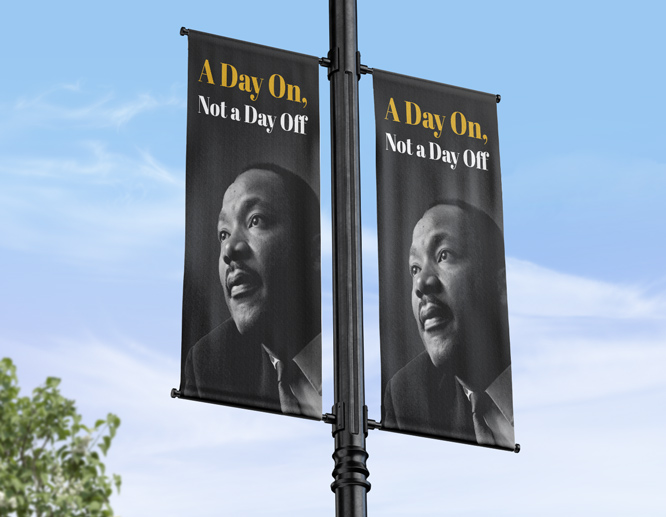 Two Martin Luther King Day banner illustrations with his portrait and quote